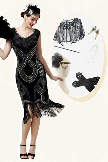 Svart Paljetterad Fransar 1920-Tals Gatsby Flapper Klänning med 20-Talets Tillbehörsset